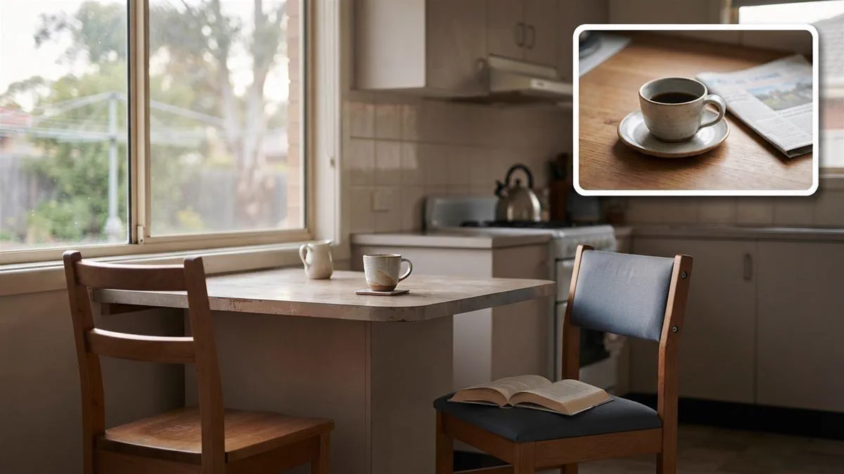 Two chairs at a kitchen table, one of them empty, in soft morning light.